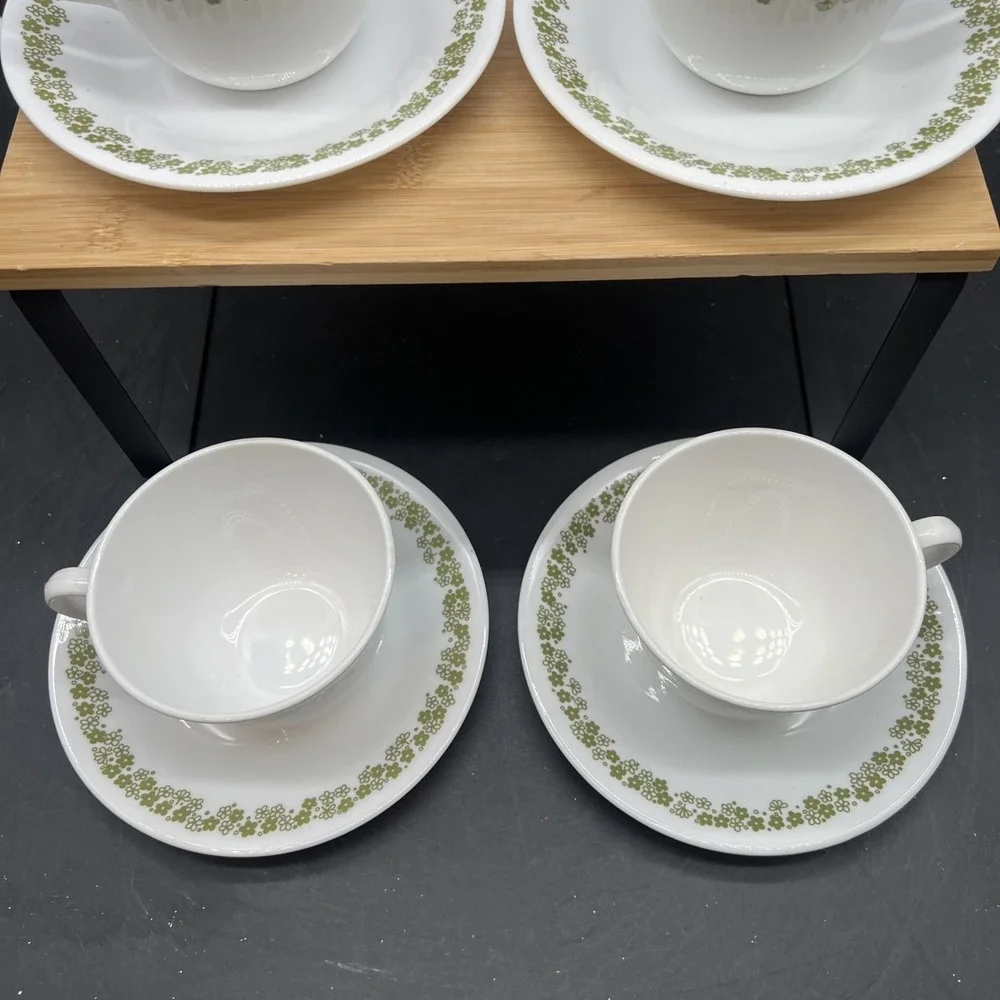 Vintage Corelle Green Spring Blossom Crazy Daisy Coffee Tea Cup Saucer Set of 4